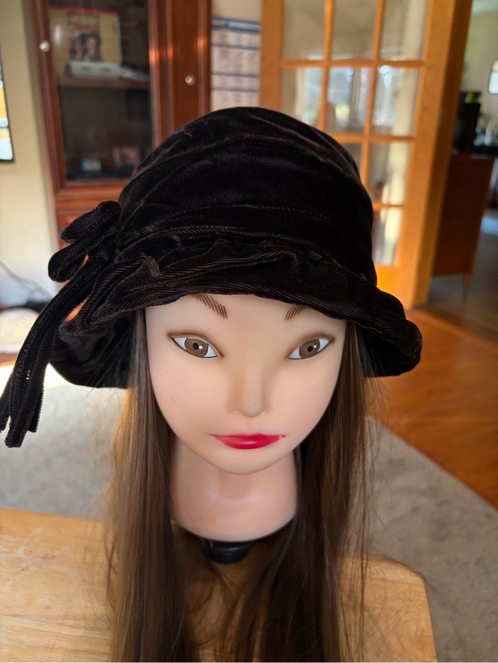 Women's Brown Velvet Cloche Hat with Side Bow